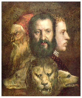 Tiziano: 3 teste umane e 3 di lupo, leone, cane