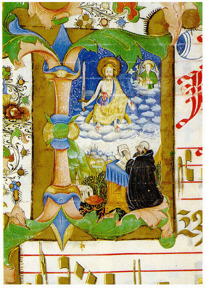 capolettera miniato, XV sec.: Cristo giudice e la spada