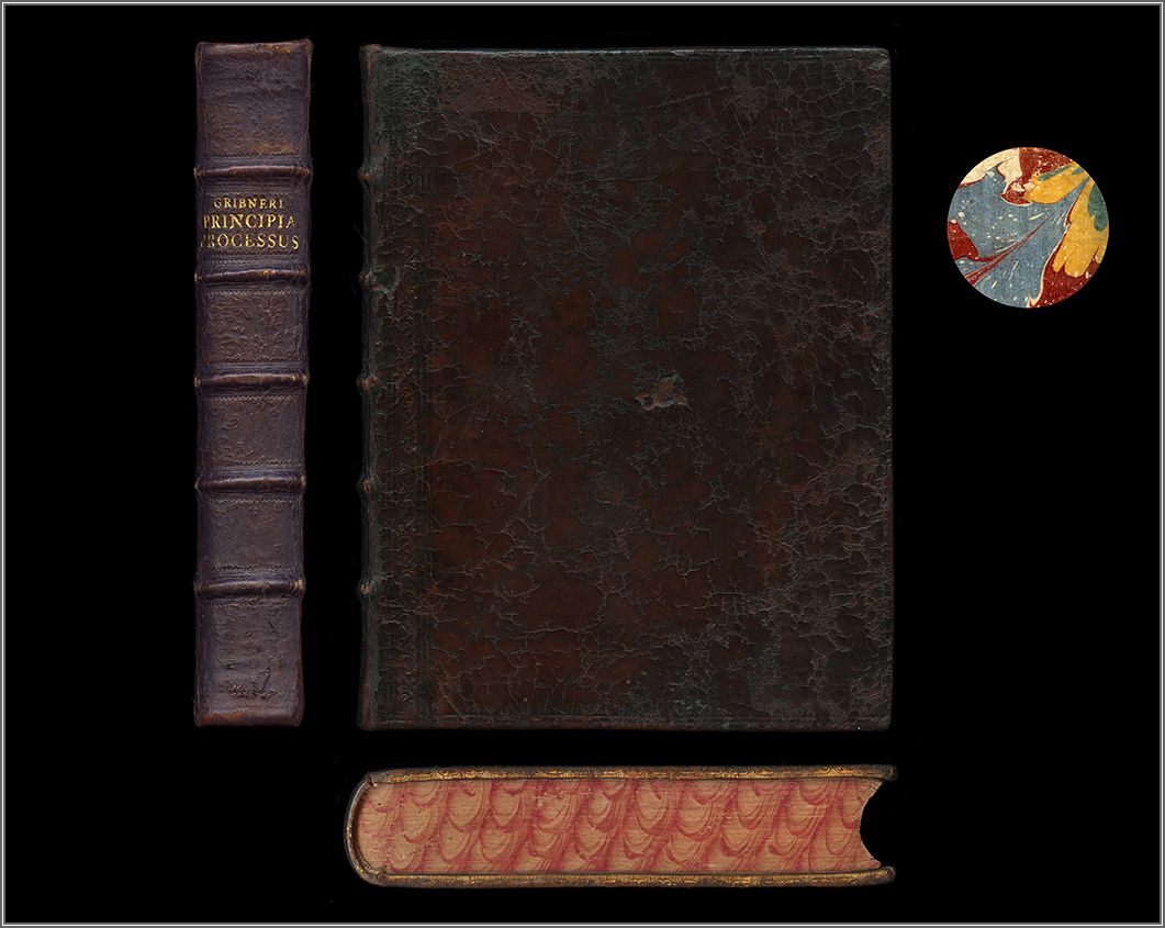 dorso, piatto ant., taglio di piede e campione della c. di guardia post.